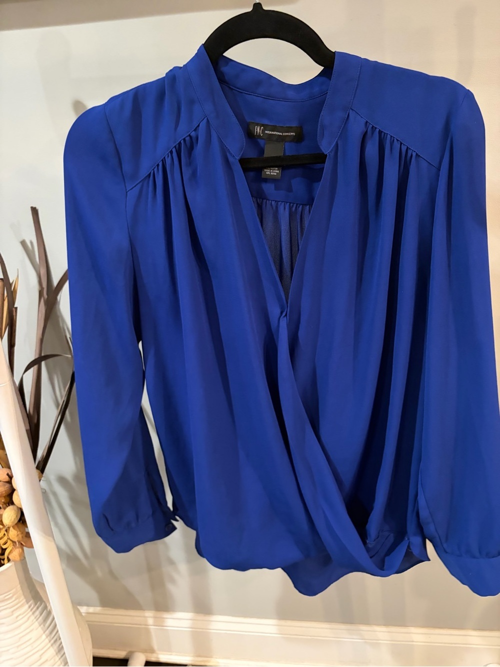 INC International Concepts Royal Blue Draped Wrap Blouse size 12/L